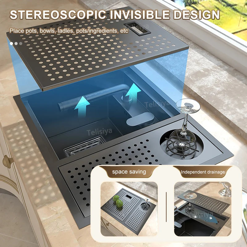 Cup Washer Hidden Sink Stainless Steel Kitchen Sinks Coffee Shop Bar Small Single Slot With Lid Balcony Garden Washing Basin