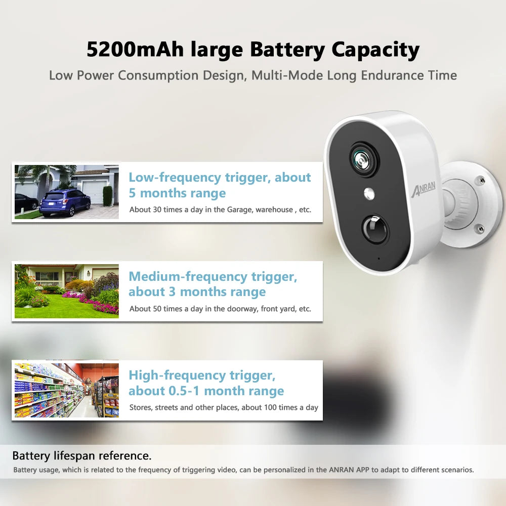 ANRAN 2/3/4PCS Battery Camera 2K 2.4G WiFi Camera Home Protection Security Camera PIR Detection,Free Basic Cloud Storage,5200mAh