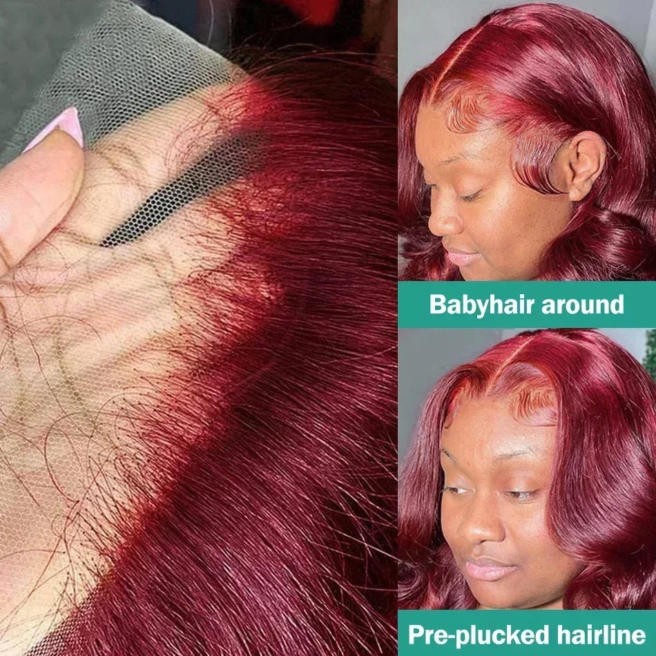 Burgundy HD Transparent Frontal Lace Preplucked Colored Body Wave Frontal Human Hair Wigs