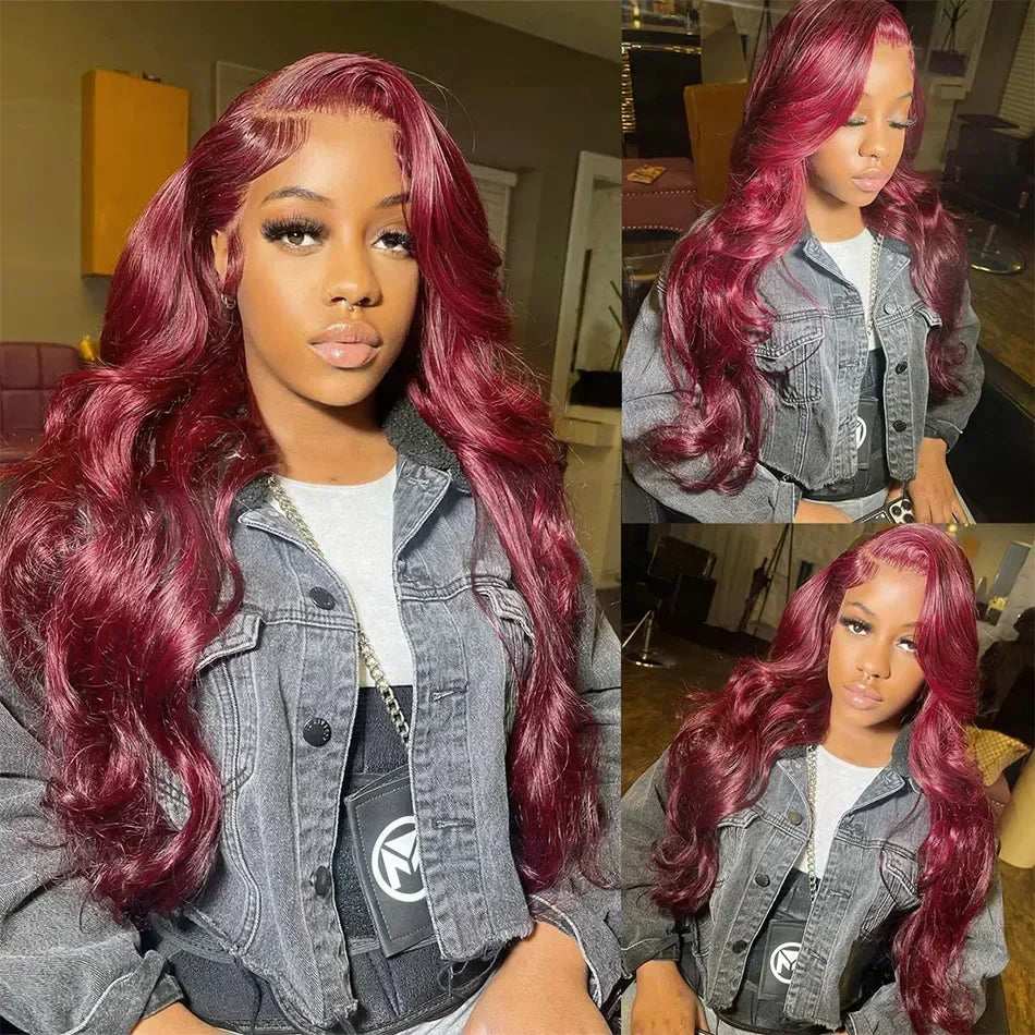 Burgundy HD Transparent Frontal Lace Preplucked Colored Body Wave Frontal Human Hair Wigs