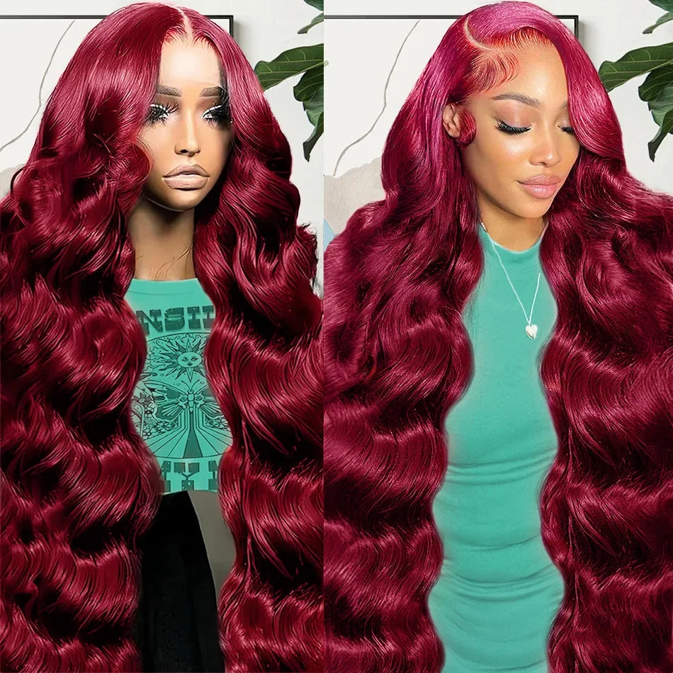 Burgundy HD Transparent Frontal Lace Preplucked Colored Body Wave Frontal Human Hair Wigs