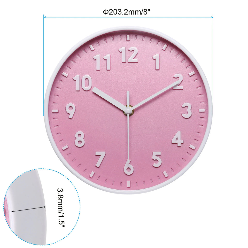 8 Inch Wall Clock 3D Number Quartz Battery Operated Silent Non-Ticking Round Wall Clocks for Office Bedroom Decorative Pink